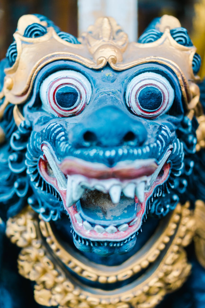 close up of a statue of barong a balinese deity